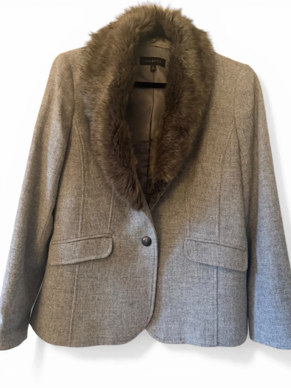 Talbots Women's Gray Shetland Faux Fur Trim Removable Wool Blend Lined Blazer